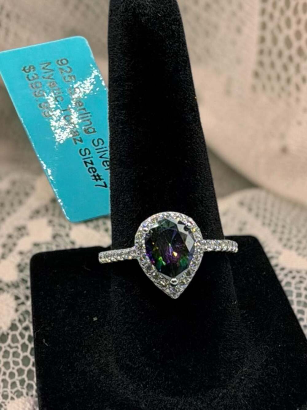 BS 925 Sterling Silver Pear Cut Mystic Topaz Halo Ring Size 7
